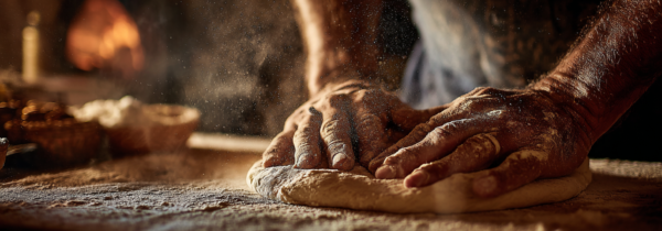 Mains d’un artisan pizzaiolo travaillant une pâte à pizza au feu de bois dans l’univers de la Trattoria del Par