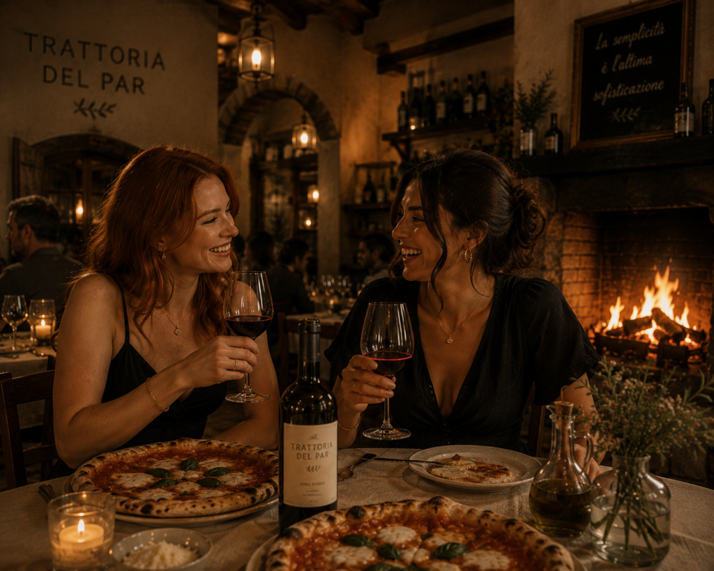 Deux clientes partageant une pizza dans une trattoria à Chaudes-Aigues