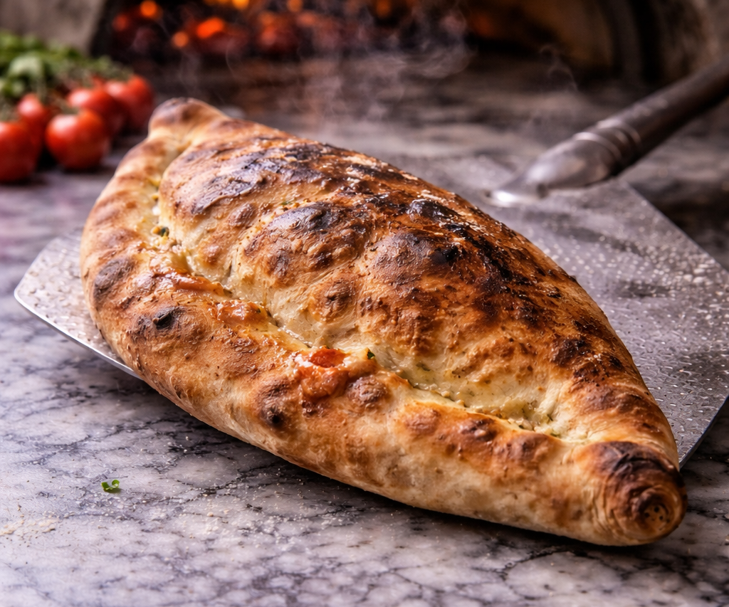 Calzone cuite au feu de bois à la Trattoria del Par à Chaudes-Aigues