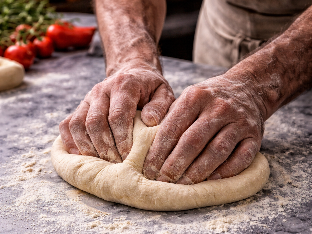 Pâte à pizza travaillée à la main à la Trattoria del Par à Chaudes-Aigues