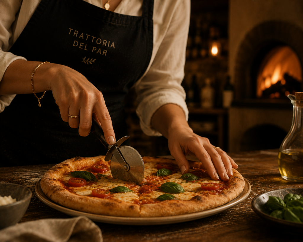 Découpe d’une pizza napolitaine dans une trattoria à Chaudes-Aigues