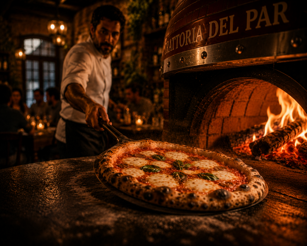 Pizza napolitaine devant le four de la Trattoria del Par