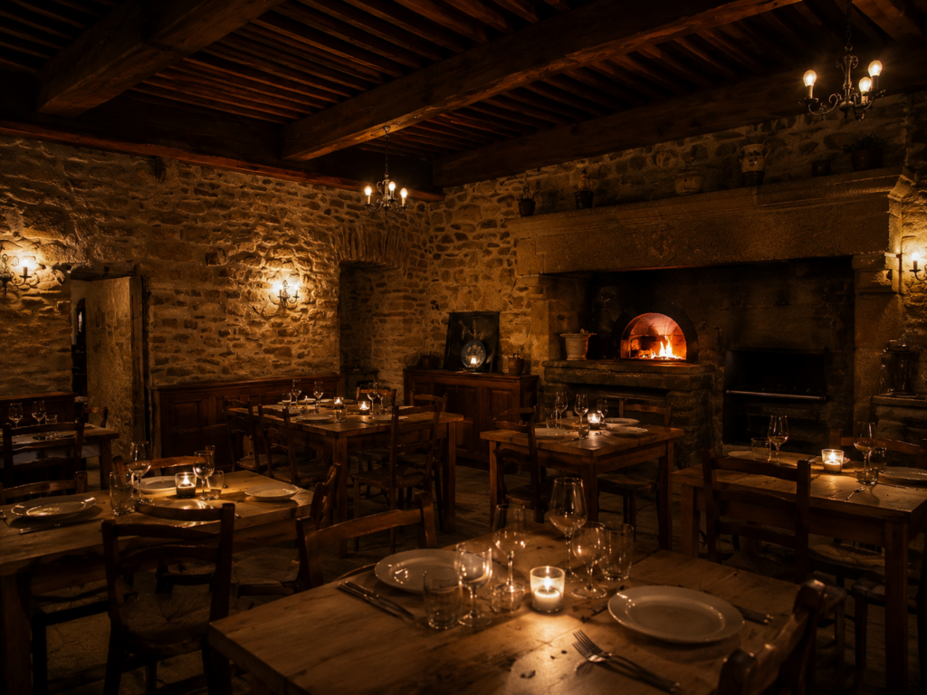 Salle chaleureuse de trattoria à Chaudes-Aigues avec feu et lumière tamisée