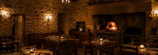 Salle chaleureuse de trattoria à Chaudes-Aigues avec feu et lumière tamisée