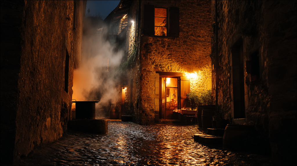 Ambiance nocturne dans le village thermal de Chaudes-Aigues avec lumière chaude et trattoria cachée dans les ruelles