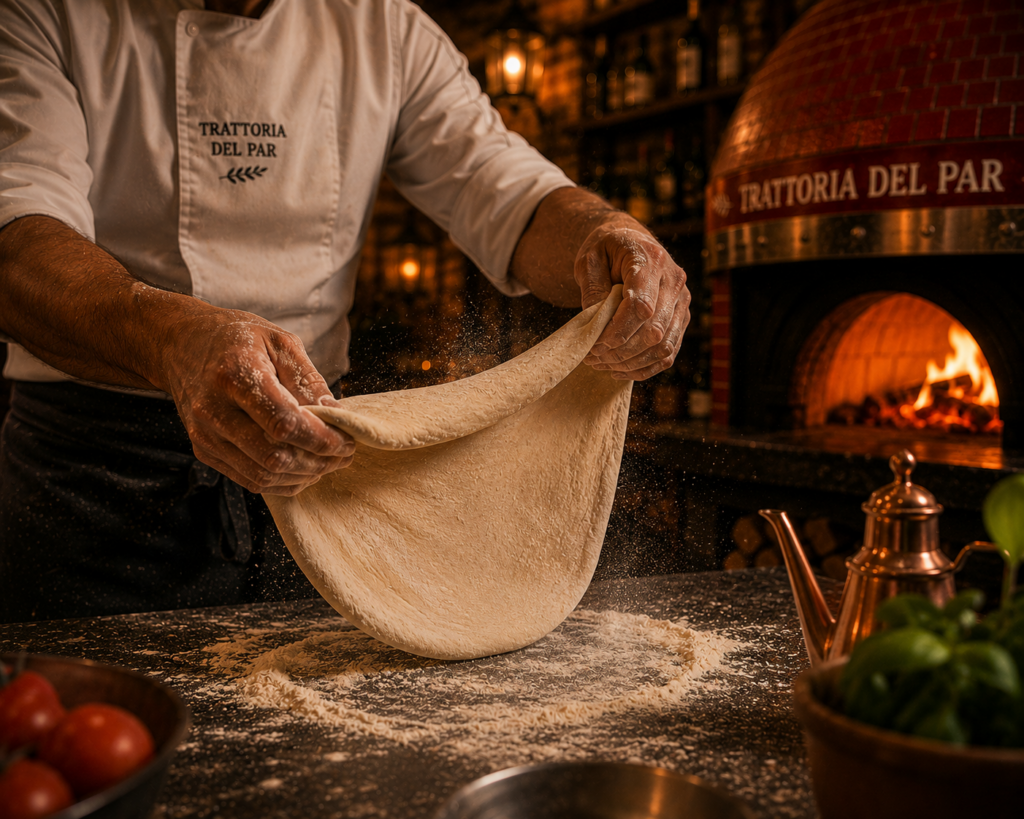 Préparation artisanale d’une pâte à pizza devant un four au feu de bois dans le projet Trattoria del Par à Chaudes-Aigues
