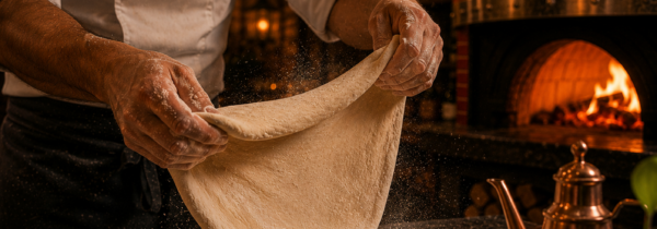 Préparation artisanale d’une pâte à pizza devant un four au feu de bois dans le projet Trattoria del Par à Chaudes-Aigues