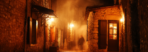 Ruelle de Chaudes-Aigues illuminée la nuit avec vapeur thermique et ambiance chaleureuse autour de la Trattoria del Par